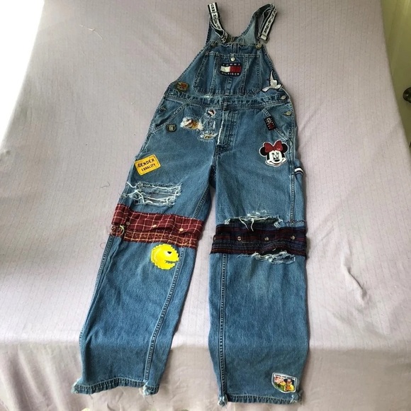 Tommy Jean Overalls 90s Vintage Rework Hilfiger Convertible Spell Out Patches S - Picture 11 of 12